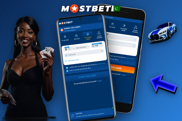 Mostbet new account registration form with promo code field and welcome bonus summary
