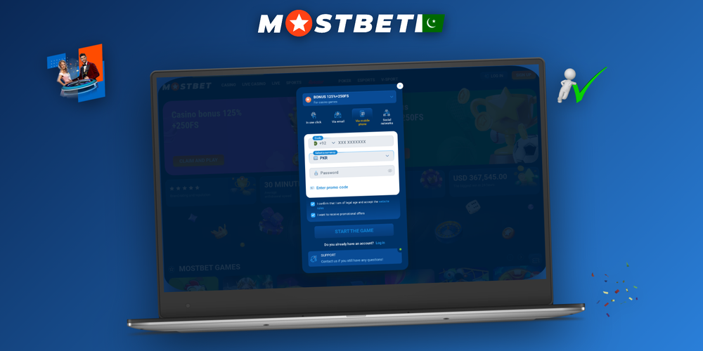 Mostbet sign up form displayed on phone and laptop with a six-step progress bar